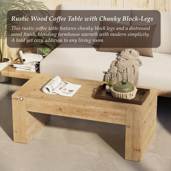 Rustic Wood Coffee Table with Thick Legs & Burl Finish