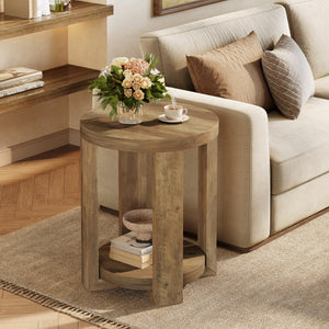 2-Tier Round Side End Table with Storage Shelves