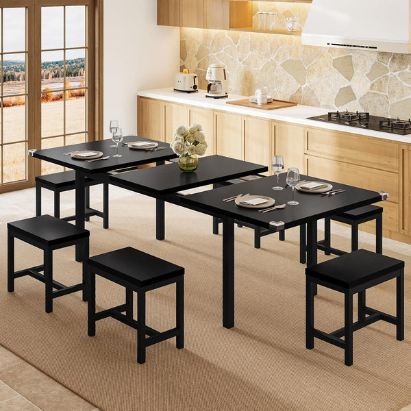 Extendable Dining Table Set with 6 Stools, Metal Frame & MDF, 63"