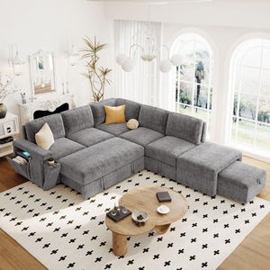 L-Shaped Modular Sectional Sofa with Storage Ottoman, USB Ports & Cup Holder
