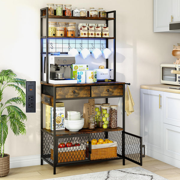 5-Tier Bakers Rack with Power Outlet, LED Lights & Drawers