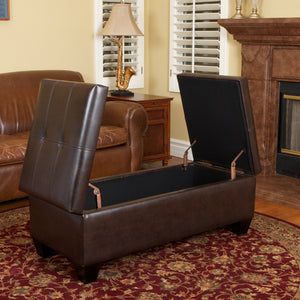 Leather Storage Ottoman with Double-Door Lid, Chocolate Brown