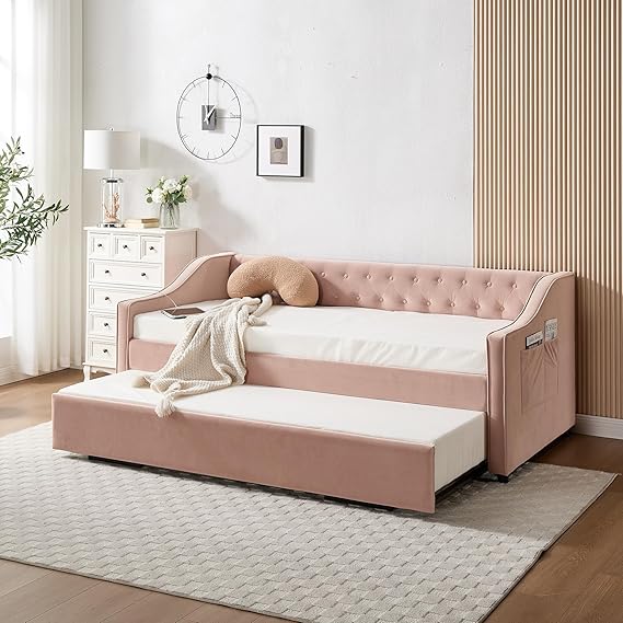 Twin Velvet Daybed with Pop-Up Trundle & USB Ports