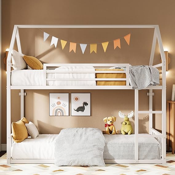 Twin Over Twin House Bunk Bed with Ladder & Guardrail