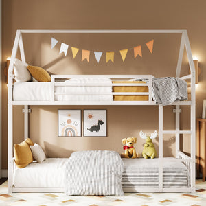 Twin Over Twin House Bunk Bed with Metal Frame, Ladder & Guardrail
