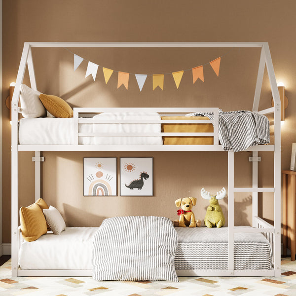 Twin Over Twin House Bunk Bed with Metal Frame, Ladder & Guardrail