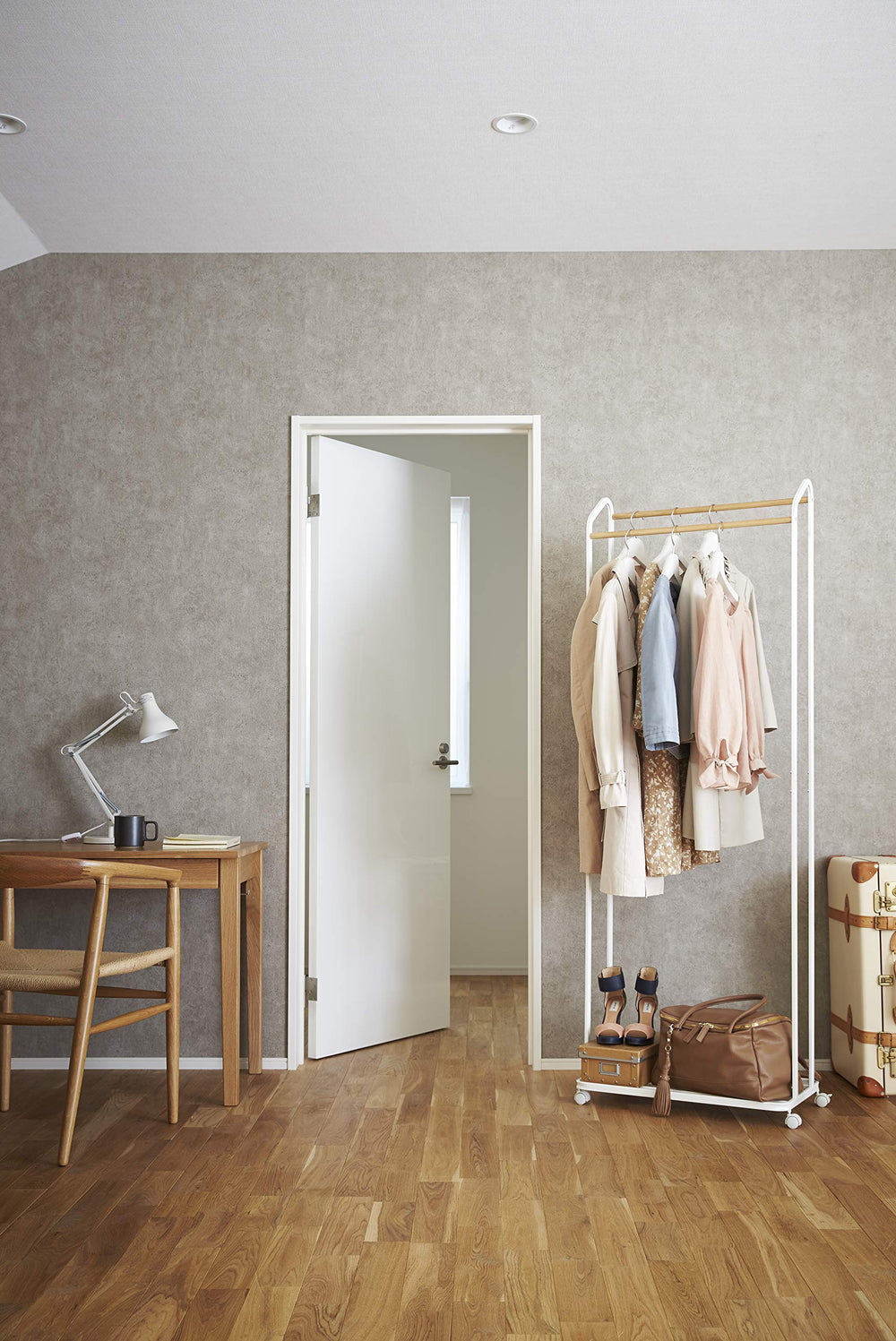 Rolling Garment Rack with Staggered Wooden Rods