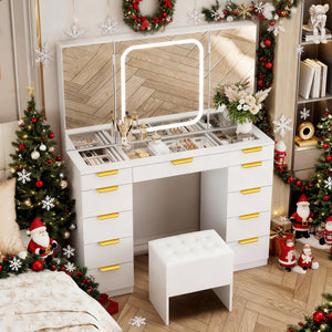 11-Drawer Vanity Desk with Foldable Mirror & LED Lights