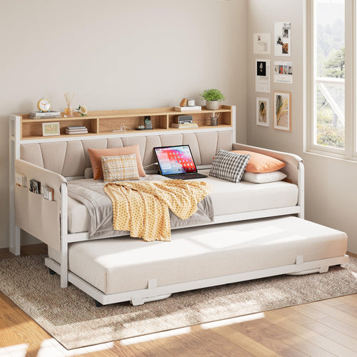 Twin Daybed with Trundle, Upholstered Storage Headboard & Charging Station