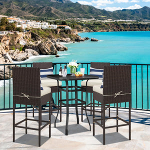 Outdoor PE Rattan Bar Stools with Cushions & Footrests