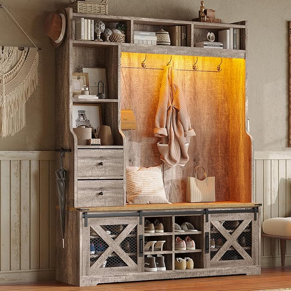 Farmhouse Hall Tree with Bench & Shoe Storage