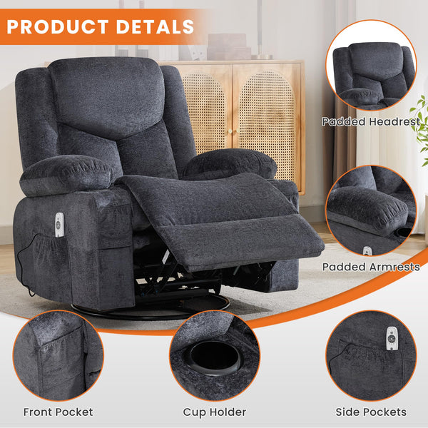 Oversized Swivel Rocker Recliner Chair with Massage & Heat