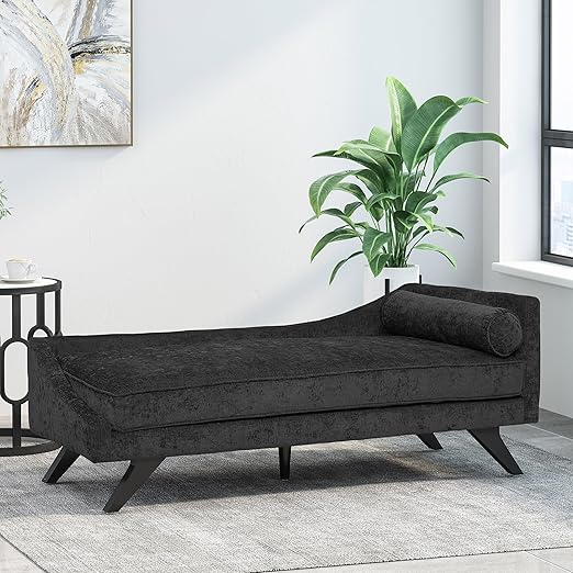 Mid-Century Chaise Lounge Sofa with Rolled Accent Pillow