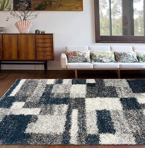 Navy Geometric Shag Area Rug — Plush Polypropylene, Non-Shedding, Multiple Sizes