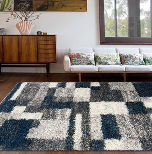 Navy Geometric Shag Area Rug — Plush Polypropylene, Non-Shedding, Multiple Sizes