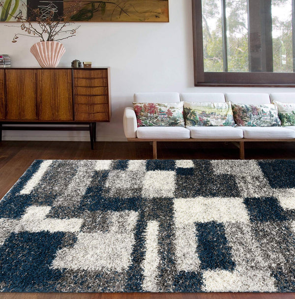 Navy Geometric Shag Area Rug — Plush Polypropylene, Non-Shedding, Multiple Sizes