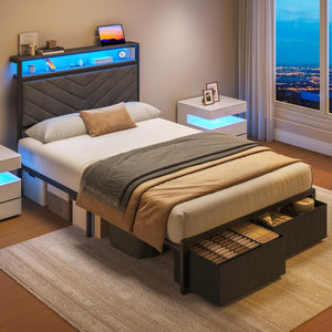 Upholstered Bed Frame with Storage Drawers, LED Lights & Charging Station