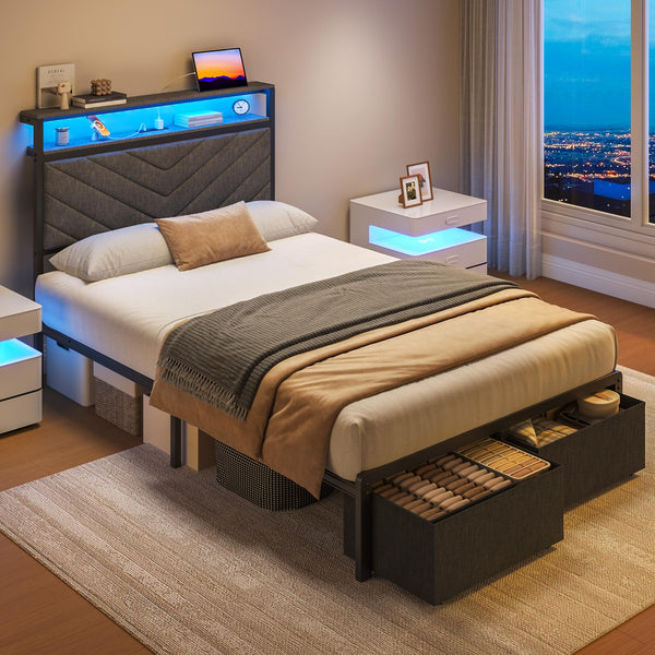 Upholstered Bed Frame with Storage Drawers, LED Lights & Charging Station