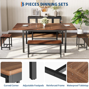 5-Piece Extendable Dining Table Set with Benches and Stools