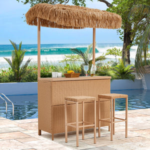 3-Piece Outdoor Tiki Bar Set with Stools & Canopy