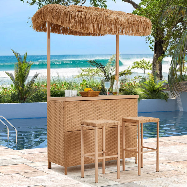 3-Piece Outdoor Tiki Bar Set with Stools & Canopy
