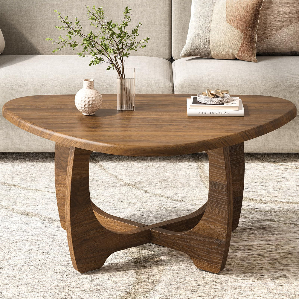 Round Wood Coffee Table with Triangle Base