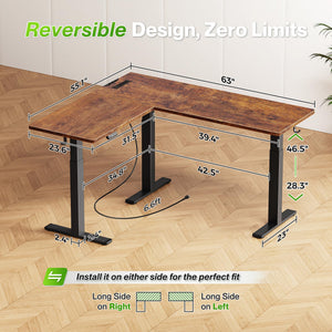 L-Shaped Electric Standing Desk with Power Outlets – 63 x 55 Inch Height Adjustable Corner Desk