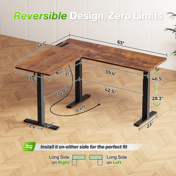 L-Shaped Electric Standing Desk with Power Outlets – 63 x 55 Inch Height Adjustable Corner Desk
