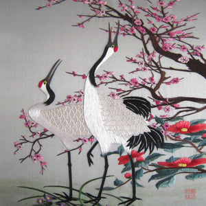 Handmade Silk Embroidery Framed Wall Art – Red Crowned Cranes & Cherry Blossoms