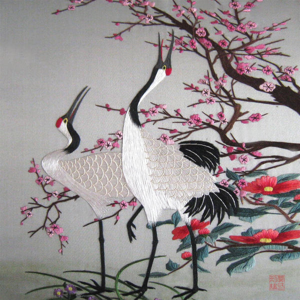 Handmade Silk Embroidery Framed Wall Art – Red Crowned Cranes & Cherry Blossoms