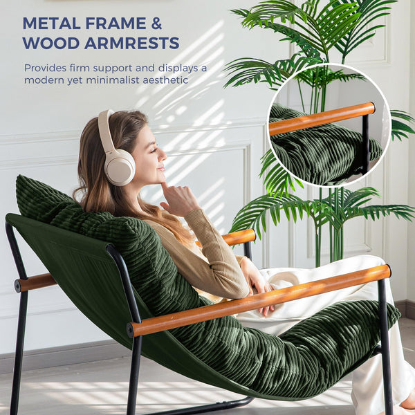Corded Fabric Accent Chair with Metal Frame & Wooden Armrests