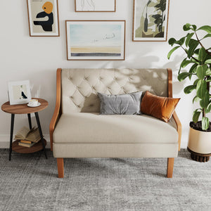 Mid-Century Modern Loveseat Sofa with Natural Rattan Arms & Upholstered Cushions