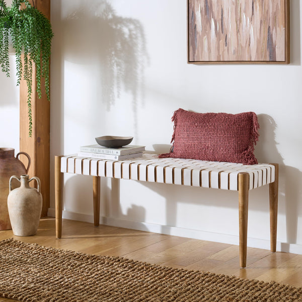 Woven Leather Accent Bench with Wood Frame