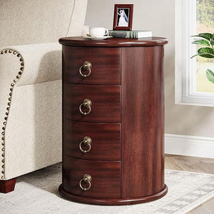 Round Solid Wood Side Table with 4 Drawers – Set of 2