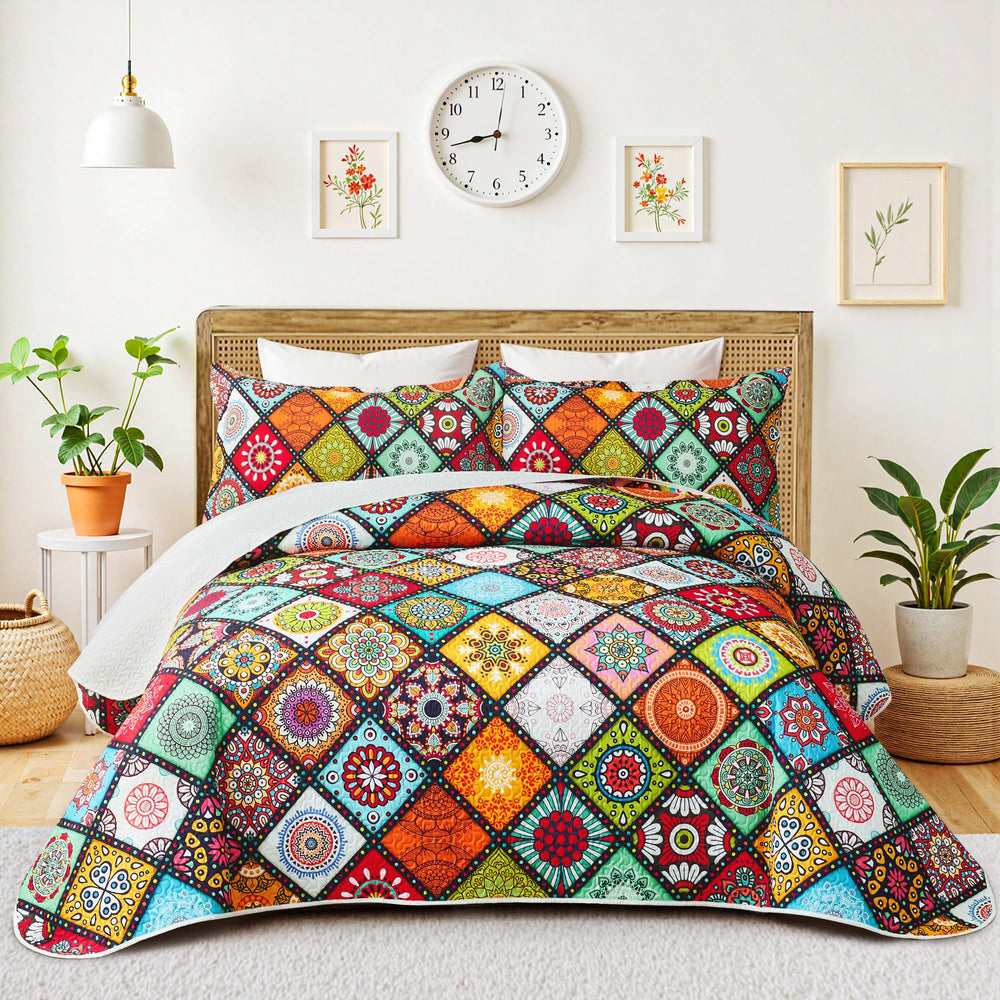Boho Patchwork Quilt Set – Lightweight Microfiber Bedspread Coverlet