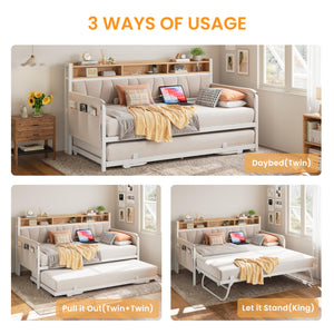 Twin Daybed with Trundle, Upholstered Storage Headboard & Charging Station