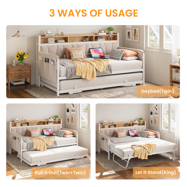 Twin Daybed with Trundle, Upholstered Storage Headboard & Charging Station