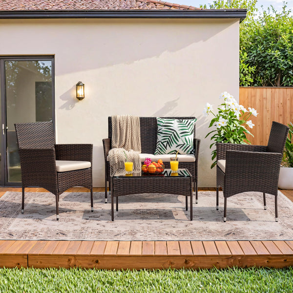 4-Piece Outdoor Patio Furniture Set – Rattan Wicker Chairs with Table