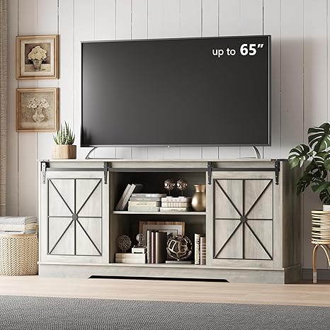 Farmhouse TV Stand with Sliding Barn Doors & Storage Cabinets