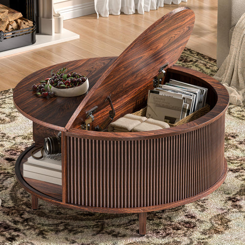 Round Lift-Top Coffee Table with Storage & Fluted Door