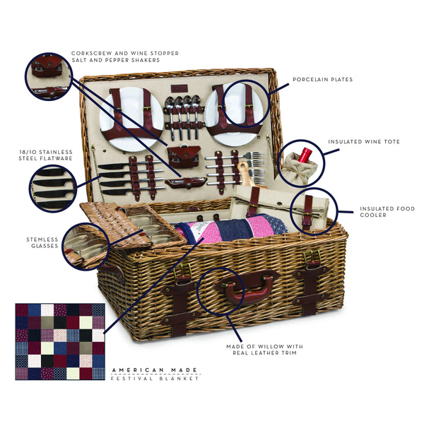 Wicker Picnic Basket Set for 4 – Luxury Deluxe Service with Blanket