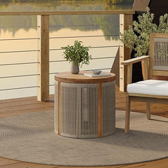 Acacia Wood Outdoor Side Table with Rope Weave