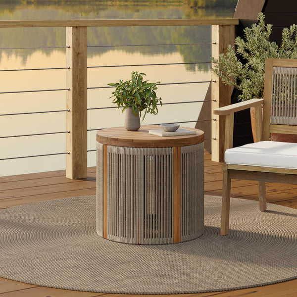 Acacia Wood Outdoor Side Table with Rope Weave