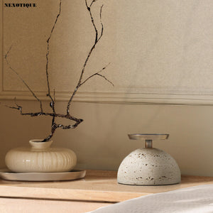 Marble Pillar Candle Holder with Brass Tray – Natural Stone Centerpiece