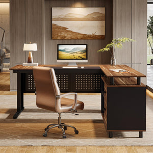 L-Shaped Executive Desk with File Cabinet and Storage Shelves