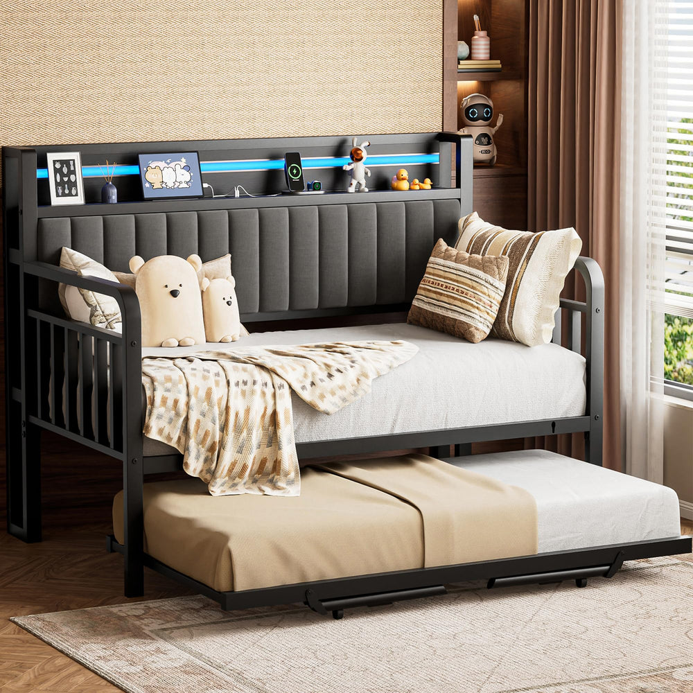 Metal Daybed with Trundle, LED Headboard & Charging Station