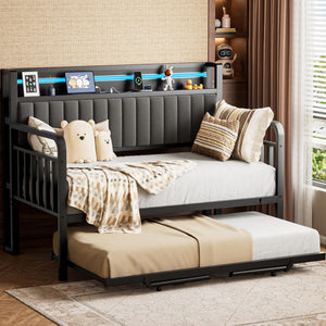 Metal Daybed with Trundle, LED Headboard & Charging Station