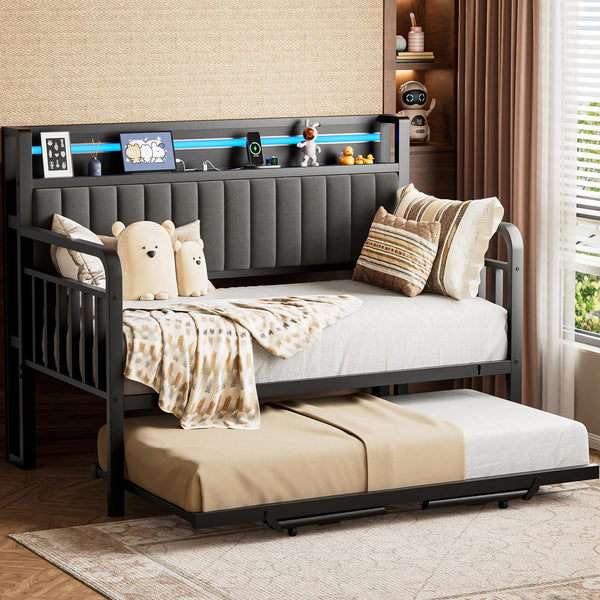 Metal Daybed with Trundle, LED Headboard & Charging Station