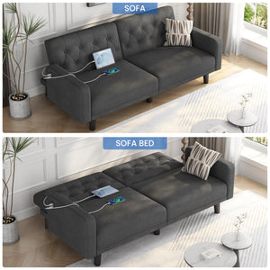 63" Convertible Futon Sofa Bed with USB Ports & Reclining Backrest