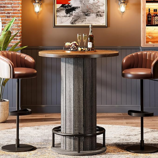 Round Farmhouse Bar Table with Wood Fence Base & Metal Footrest
